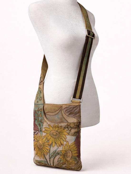 Anuschka Hand Painted Leather Crossbody Sunflower Floral Bag 8.5x10 - Picture 2 of 10